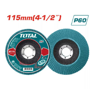 Two 115 mm flap sanding discs (P60 grit) by TOTAL for angle grinders, showing teal abrasive layers.