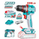 Total 20V max brushless cordless drill kit with 2.0Ah battery, charger, bit set, and teal storage box