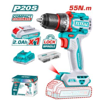 Total 20V max brushless cordless drill kit with 2.0Ah battery, charger, bit set, and teal storage box