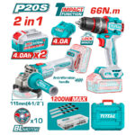 TOTAL 20V cordless drill/driver and grinder kit with two 4.0Ah batteries, charger, bits, and blue storage case.