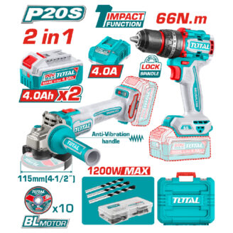 TOTAL 20V cordless drill/driver and grinder kit with two 4.0Ah batteries, charger, bits, and blue storage case.
