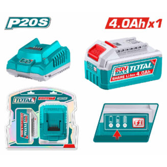 Collection of TOTAL P20S lithium‑ion battery kit components: charger, 20V Max 4.0Ah battery, packaging, and a battery indicator graphic.