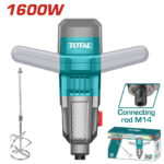 Total 1600W power mixer with teal body and gray arms, shown with mixer attachment and packaging box