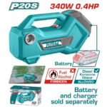 Teal TOTAL handheld battery tool with detachable battery and text: Battery and charger sold separately.
