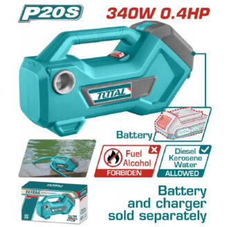Teal TOTAL handheld battery tool with detachable battery and text: Battery and charger sold separately.