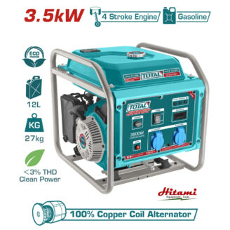 Portable blue gasoline generator in a metal frame, labeled 3.5kW with eco mode, 12L tank, 27kg weight, and 100% copper coil alternator