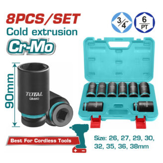 Eight-piece Cr-Mo socket set in a turquoise case, with black sockets and a fold-out lid showing sizes 26–38 mm
