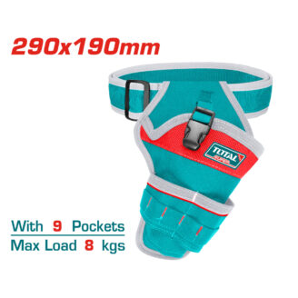 Turquoise tool belt with nine pockets and buckle, max load 8 kg, size 290x190mm.