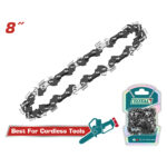 8" chainsaw chain diagonally across the page, with Total Tools packaging and a 'Best For Cordless Tools' banner in the corner]','Close-up of an 8-inch chainsaw chain; packaging shows Total Tools and a tool graphic labeled 'Best For Cordless Tools'
