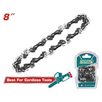 8" chainsaw chain diagonally across the page, with Total Tools packaging and a 'Best For Cordless Tools' banner in the corner]','Close-up of an 8-inch chainsaw chain; packaging shows Total Tools and a tool graphic labeled 'Best For Cordless Tools'