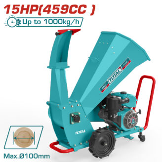 Turquoise wood chipper with petrol engine and red handles, labeled 'Up to 1000 kg/h' and 'Max Ø100 mm' (for chipping branches up to 100 mm).