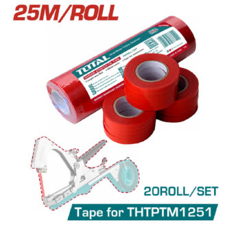 Red rolls of adhesive tape with a silver tape dispenser shown, labeled as 25m per roll set.