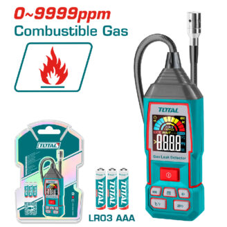 Gas leak detector kit for combustible gases (0–9999 ppm) with display, probe, batteries, and packaging shown, iconography emphasizes safety testing peripheral devices.