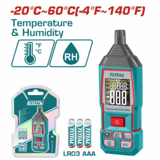 Total Temperature & Humidity Meter handheld device with digital display showing readings, plus its packaging and four LR03 AAA batteries.