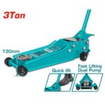 Teal 3-ton hydraulic floor jack with 130 mm minimum height, showing quick lift and dual-pump mechanism.