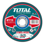 Circular cutting/grinding disc label with 'TOTAL One-Stop Tools Station', barcode, and metal center hole; teal, red, and blue design with 'METAL & INOX' text.