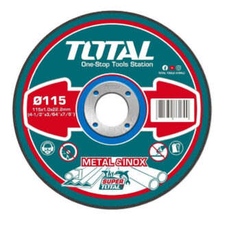 Circular cutting/grinding disc label with 'TOTAL One-Stop Tools Station', barcode, and metal center hole; teal, red, and blue design with 'METAL & INOX' text.