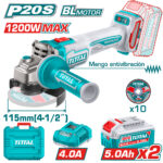 Cordless Total tool set with turquoise accents, showing a brushless motor rotary tool, sanding disc, battery pack, charger, and carrying case in a product collage.