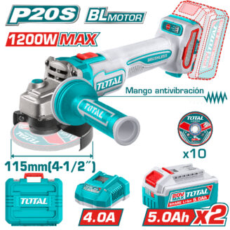 Cordless Total tool set with turquoise accents, showing a brushless motor rotary tool, sanding disc, battery pack, charger, and carrying case in a product collage.