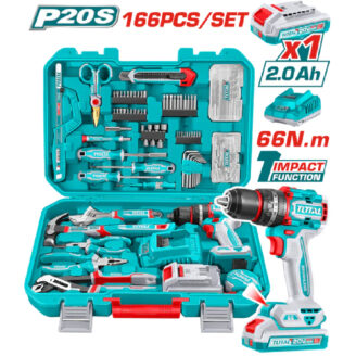 Turquoise 166-piece cordless tool set in an open carrying case with drill, bits, pliers and screwdrivers.