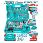 Turquoise Total 172-piece cordless drill tool set in an open case, including drill, bits, sockets, and two batteries.