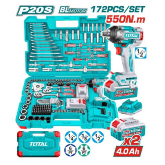 Turquoise Total 172-piece cordless drill tool set in an open case, including drill, bits, sockets, and two batteries.