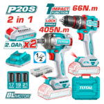 Collage advertising Total 20V cordless drill set: two drills, spare battery, charger, carrying case, bits, and 1/2 inch chuck with BL motor.