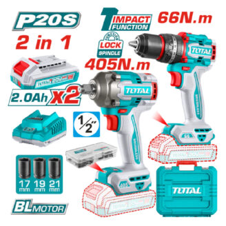 Collage advertising Total 20V cordless drill set: two drills, spare battery, charger, carrying case, bits, and 1/2 inch chuck with BL motor.