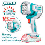Teal and white cordless flashlight/drill with 2500 lumens, 130° three-position head; battery and charger sold separately.