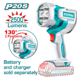Teal and white cordless flashlight/drill with 2500 lumens, 130° three-position head; battery and charger sold separately.
