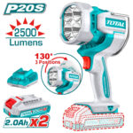 Total P20S handheld work light, 2500 lumens, adjustable head up to 130°, with two 20V 2.0Ah batteries and charger.