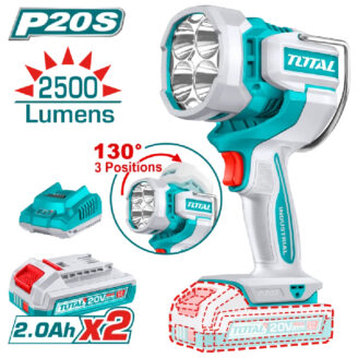 Total P20S handheld work light, 2500 lumens, adjustable head up to 130°, with two 20V 2.0Ah batteries and charger.