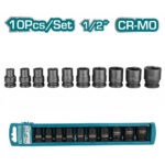 Ten-piece 1/2-inch CR-MO socket set with blue storage case and individual sockets lined in a row