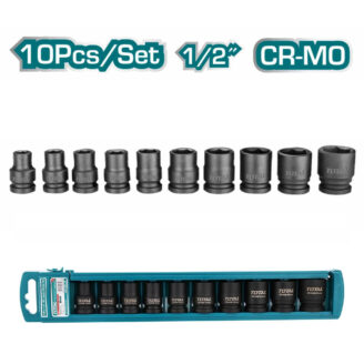 Ten-piece 1/2-inch CR-MO socket set with blue storage case and individual sockets lined in a row
