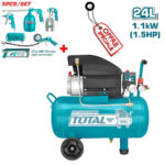 Blue Total air compressor with wheels and gauges, plus bundled spray guns, hoses, and a tag labeled 'Offer' in the upper area.