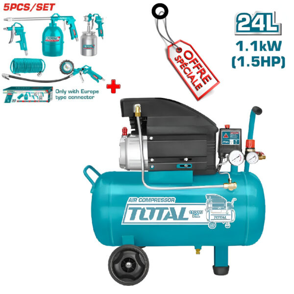 Blue Total air compressor with wheels and gauges, plus bundled spray guns, hoses, and a tag labeled 'Offer' in the upper area.