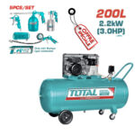 Total 200L air compressor with turquoise tool kit (hose, spray guns, inflator) and an “Offer Special” tag