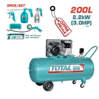 Total 200L air compressor with turquoise tool kit (hose, spray guns, inflator) and an “Offer Special” tag