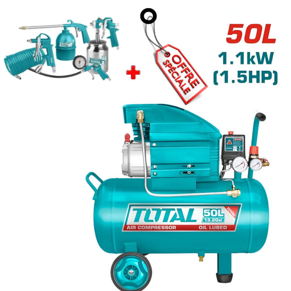 Total 50L oil‑lubed air compressor with wheels, gauges, and hose, plus a separate spray/tool kit labeled 'Offer Special'