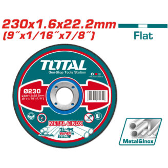Total brand grinding disc for metal and stainless steel; 230x1.6x22.2mm (9"x1/16"x7/8") abrasive cutting wheel shown with packaging and barcode art.