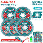 Five Total universal grinding discs, 115 mm, for cordless tools, with plastic flange and packaging image of the set.