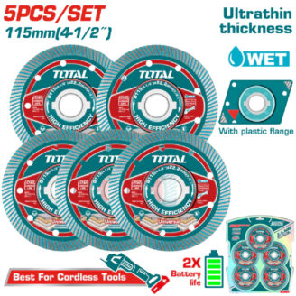 Five Total universal grinding discs, 115 mm, for cordless tools, with plastic flange and packaging image of the set.