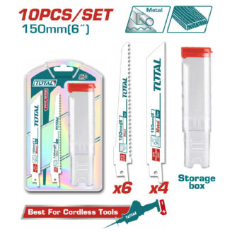 Ten-piece 150mm saw blade set for metal and wood with a red‑lidded storage case; includes six wood blades and four metal blades in Total packaging.