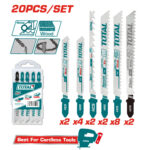 20-piece Total reciprocating saw blade set for metal and wood, with assorted blade counts and HCS labeling; packaging and 'Best For Cordless Tools' banner visible.