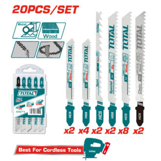 20-piece Total reciprocating saw blade set for metal and wood, with assorted blade counts and HCS labeling; packaging and 'Best For Cordless Tools' banner visible.