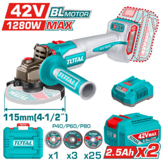 Cordless 115mm angle grinder kit: turquoise Total tool with two 2.5Ah batteries, charger, carrying case, discs, and accessories.