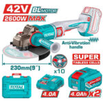 Total 42V cordless angle grinder with anti‑vibration handle, 230mm blade, and accessories (batteries, charger)