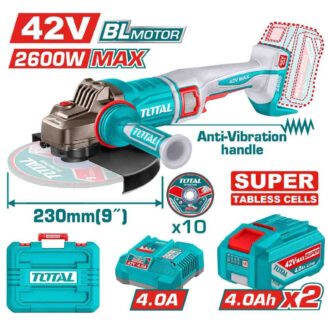 Total 42V cordless angle grinder with anti‑vibration handle, 230mm blade, and accessories (batteries, charger)