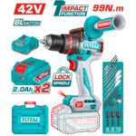 Cordless turquoise drill with 42V battery, drill bits, charger, and carrying case shown with promotional graphics