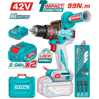 Cordless turquoise drill with 42V battery, drill bits, charger, and carrying case shown with promotional graphics